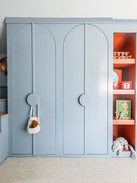 Built In Wardrobe Kids Room, Playful Interior Design, Arched Cabinet Doors, Kids Room Closet, Closet Playroom, Kids Playroom Design, Kids Nursery Ideas, Movie Seats, Blue Wardrobe