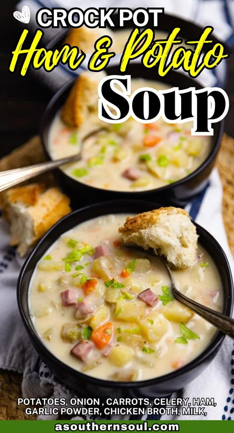 Crock Pot Ham and Potato Soup is a classic rich, creamy comfort food! It’s easy to make, loaded with veggies, and super satisfying. This recipe is a must-make for soup season. Potato And Ham Soup Crockpot, Ham Soup Crockpot, Fall Soups Crockpot, Crockpot Ham And Potatoes, Healthy Potato Soup, Potato Soup Crock Pot Easy, Crock Pot Ham, Creamy Potato Soup Recipe, Ham Soup Recipes