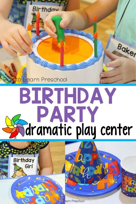 Dramatic play centers are great for preschool because they provide great opportunities for children to interact, talk, problem solve, read, write and even practice early math skills. Here is an idea that is simple and quick and will keep your children playing for hours… a pretend birthday party! #dramaticplay #preschool #pretendplay Dramatic Center Preschool, Kindergarten Birthday Ideas, Birthday Party Dramatic Play, Preschool Dramatic Play Center, Party Dramatic Play, Preschool Dramatic Play, Preschool Birthday, Play Preschool, Dramatic Play Themes