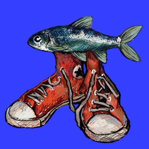 Cool Fish Drawings, Fish Aethstetic, Fish With Legs Drawing, Fish Pfp Aesthetic, Fish Tank Illustration, Art Reference Objects, Fish Shoes, Silly Fish, Fish Reference