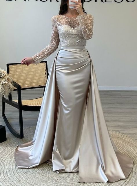 Ruched Satin Dress, Dress With Pearls, Satin Dress Long, Mermaid Sequin, Dress Long Sleeves, Satin Dress, Dress Long, Evening Gown, Wedding Guest Dress