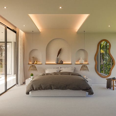 Modern Tropical Bedroom, Mediterranean Bedroom Design, Modern Tropical Design, Modern Mediterranean Bedroom, Bali Bedroom, Aesthetics Bedroom, Mirror Decorations, Resort Interior Design, Mediterranean Bedroom