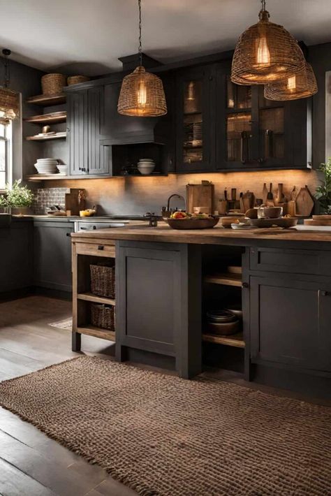 moody farmhouse kitchen dark with wicker rug Moody Kitchen Aesthetic, Earthy Moody Home Aesthetic, Dark Rustic Kitchen Cabinets, Dark Country Kitchen, Western Gothic Kitchen, Black Kitchen Cabinets Farmhouse, Dark Cabin Interior, Moody Farmhouse Kitchen, Small Dark Kitchen