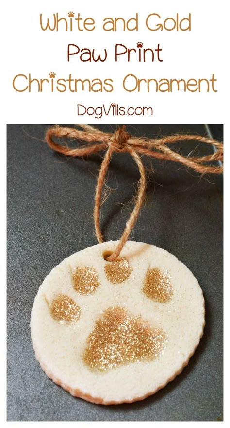 White and Gold Paw Print Christmas Ornament decoration Craft! Use your dog's paw to make it! Get the tutorial Holiday Dog Treats, Paw Print Christmas, Dog Treats Recipe, Homemade Gift Idea, Paw Print Ornament, Baby Christmas Ornaments, Ornament Craft, Holiday Dog, Christmas Tree Cookies