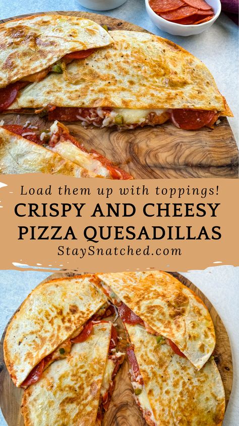 Enjoy a fusion of flavors with these delicious pepperoni pizza quesadillas! Crispy tortillas are filled with melty mozzarella, savory pepperoni, and zesty pizza sauce, creating a delicious twist on two classic favorites. Perfect for a quick lunch, easy dinner, or party appetizer, this recipe is sure to please both kids and adults alike. Pepperoni And Cheese Quesadilla, Healthy Pizza With Tortilla Wraps, Pizza On A Tortilla Recipe, Pizza Quesadillas Recipes, Tortilla Quesadilla Recipes, Pizza Using Tortillas, Pepperoni Pizza Quesadillas, Pizza Quesadillas, Pizza Quesadilla