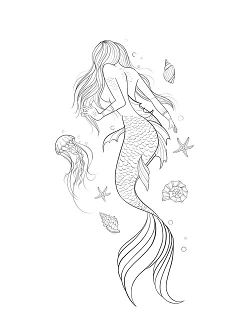 Mermaid Stencil Tattoo, Mermaid Tattoo Sketch, Mermaid Outline Drawing, Mermaid Sketch Simple, Mermaid Tattoo Designs Sketches, Fine Line Mermaid Tattoo, Mermaid Tattoo Drawing, Mermaid Tattoo Ideas For Women, Mermaid Line Art