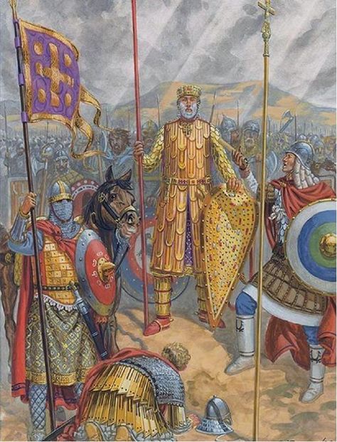 Basil II was known as the Bulgar Slayer, is depicted in full armor at the Georgian Camp, 1020. Battle Of Hattin, Byzantine Army, Varangian Guard, Greek Empire, Eastern Roman Empire, The Byzantine Empire, Warriors Illustration, Historical Warriors, Roman Army