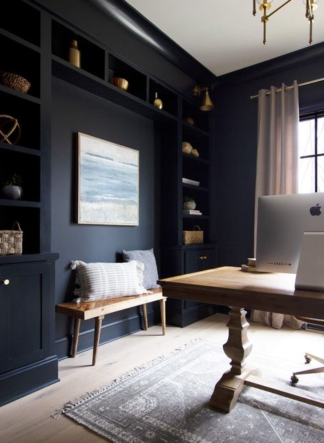 Saving the best for last. Inkwell by Sherwin Williams is one we have used in our own home and love it! Inkwell is a deep, moody blue that looks great used as an accent wall or even entire rooms such as an office. #homeoffice #bookcase #builtins #darkoffice #desk Zimmer Diy, Dark Paint Colors, Office Built Ins, Wall Bookshelves, Office Colors, Office Inspo, Built In Bookcase, Home Office Space, Home Office Ideas