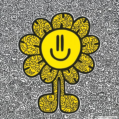 L (1000×1000) Mr Noodle, Mr Doodle, Haring Art, Mural Ideas, Doodle Art Designs, Keith Haring, Yellow Flower, Sign Printing, Smiley Face