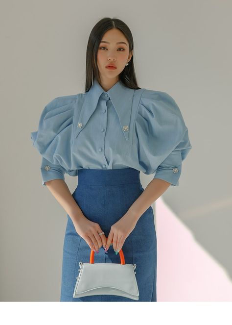 Women Blouses Fashion Classy, Korean Clothing Brands, Puff Blouse, Luxury Clothing Brands, Top Korean, Women Blouses Fashion, Big Collar, Special Clothes, Korean Clothing