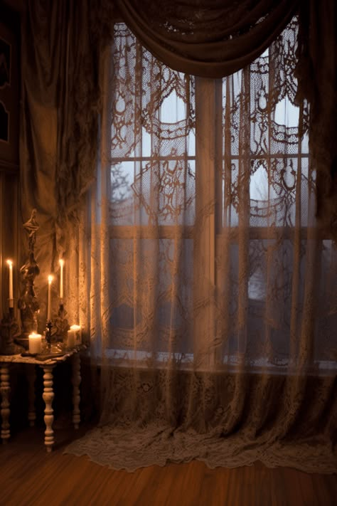 Transform a room into an enchanting sanctuary with vintage lace curtains. #Whimsigoth #HomeDecor #InteriorDesign Southern Gothic Home, Victorian Home Aesthetic, Whimsigothic Home, Vintage Lace Curtains, Victorian Room, Victorian Bedroom, Casa Country, Romantic Home, Casa Vintage