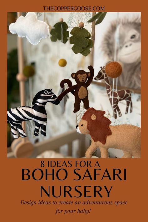 Need some nursery decor ideas for your baby? Safari and jungle decor bring a wild edge to your little one’s space. Here are 8 elements that I incorporated to create my own son’s safari nursery theme! Safari nursery // boho nursery // safari decor ideas // jungle nursery ideas // #safarinursery #animalnursery #junglenursery Jungle Nursery Ideas, Safari Nursery Mobile, Boho Safari Nursery, Safari Nursery Theme, Safari Nursery Ideas, Jungle Baby Room, Themed Nursery Ideas, Room Diy Ideas, Baby Safari Nursery