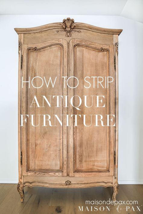 Find out how to get the stripped, raw wood look with this french antique armoire makeover! #antiquefurniture #furnituremakeover #woodfurniture Bleached Wood Armoire, Stripped Wood Dresser, Wood Veneer Furniture Makeover, Redoing Antique Furniture, French Country Painted Furniture, Redone Armoire, Wood Refurbishing, Oak Bedroom Furniture Makeover, Diy Antique Furniture