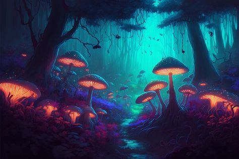 Magical Mushroom Art, Dark Forest Mushrooms, Glowing Mushrooms Art, Bioluminescence Forest, Magic Forest Drawing, Forest Cyberpunk, Mushroom Forest Drawing, Magic Mushroom Drawing, Glowing Mushroom Forest