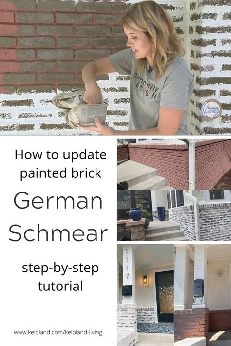 How to update old painted brick with this DIY German Schmear technique! #germanschmear #mortarwash #updatedbrick #historichomeexterior German Smear Painted Brick, How To German Smear Brick Exterior, White Washed Exterior Brick, Limewash Vs German Smear, Diy German Smear Brick Exterior, How To German Schmear Brick Fireplace, German Smear Brick Exterior Before After, How To German Smear Brick, German Shmere Brick Fireplace Diy