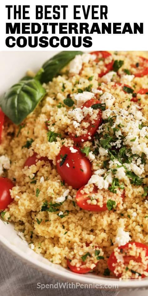 This easy couscous recipe is bursting with fresh flavors! Couscous, feta cheese, cherry tomatoes & lemon juice create this simple dish! #spendwithpennies #couscous #sidedish #mediterranean #recipe #couscous Recipe Couscous, Simple Couscous Recipes, Ww Appetizers, Couscous Dishes, Making Couscous, Mediterranean Couscous, Quinoa Recipes Easy, Mediterranean Foods, Tomatoes And Feta