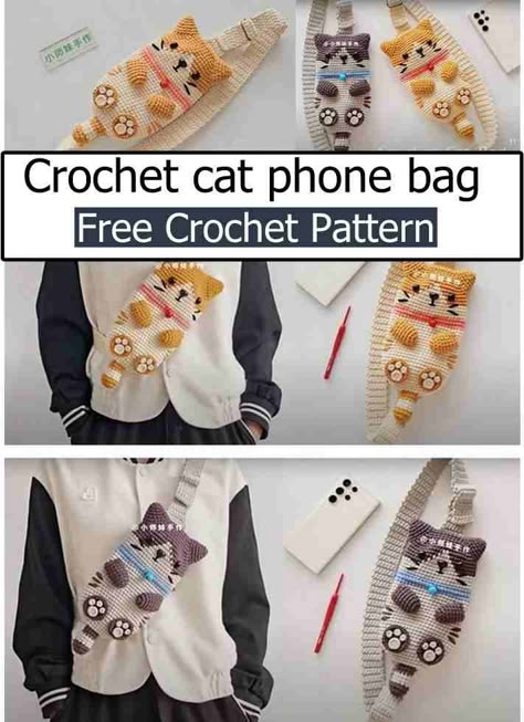 Crochet Phone Carrier, Cat Crochet Bag Pattern, Cat Bag Crochet Free Pattern, Crochet Cat Bag Pattern, Crochet Cat Bag Pattern Free, Crochet Phone Bag Free Pattern, Phone Bag Crochet Pattern, Crochet Cat Bag, Cat Bag Crochet