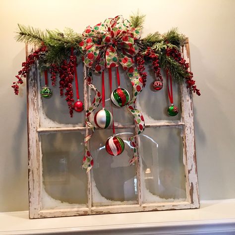 Christmas, DIY, vintage window, red and green, created by my husband. How To Decorate Old Window Panes, Large Old Windows Repurposed, Christmas Old Window Decor, Christmas Window Frame Decorations, Window Pane Christmas Ideas, Vintage Window Christmas Ideas, Christmas Window Frame Ideas, Christmas Window Pane Ideas, Christmas Window Pane Decor