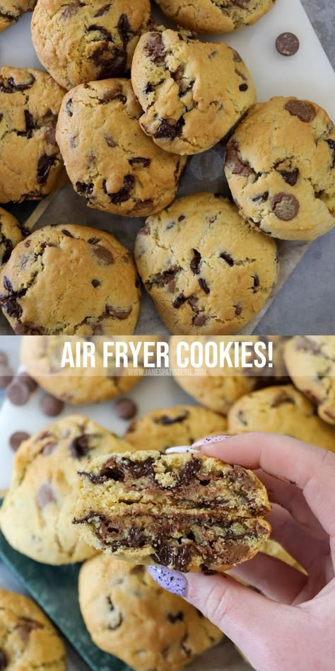 Deliciously easy air fryer cookies with a super easy to make vanilla cookie dough with chocolate chips baked in an air fryer! Air Fryer Chocolate Chip Cookies, Cookie For One, Air Fryer Cookies, Toll House Cookies, Air Fryer Dessert Recipes, Air Fryer Dessert, Janes Patisserie, Air Fryer Recipes Dessert, Air Fryer Desserts