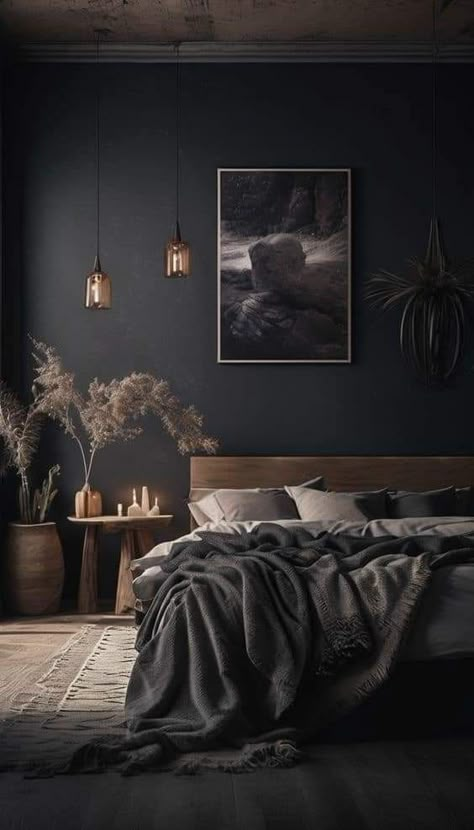 Bedroom Basic, Black Walls Bedroom, Moody Bedroom, Dark Bedroom, Bed Design Modern, Dark Times, Boho Living Room Decor, Dark Home Decor, Black Bedroom