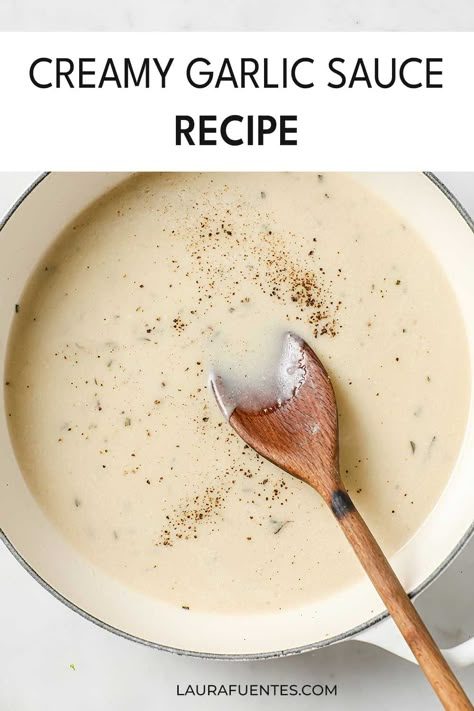 You're going to love the easy of this creamy garlic sauce! It's a simple topping for chicken, pasta, and more! Light Garlic Cream Sauce, Sauce For Steamed Vegetables, Lemon Garlic Sauce For Chicken, Simple Creamy Pasta Sauce, Homemade Creamy Pasta Sauce, Homemade Sauce For Pasta, Garlic Sauce For Pasta, Greek Yogurt Pasta Sauce, Creamy Pasta Sauces