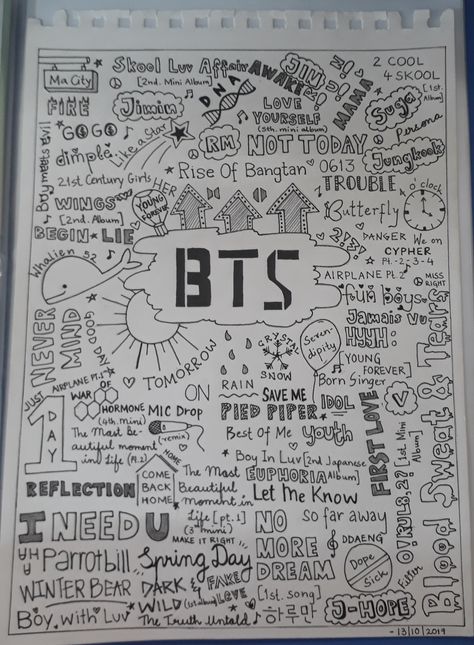 It does not include all of their songs...I am still working on the rest ;) Kpop Things To Draw, Songs As Drawings, Bts Related Drawings, Songs Doodle, Song Painting Ideas, Kpop Doodle Art, Aesthetic Drawing Sketches Simple, Bts Doodle Art, Easy Drawing Ideas Aesthetic