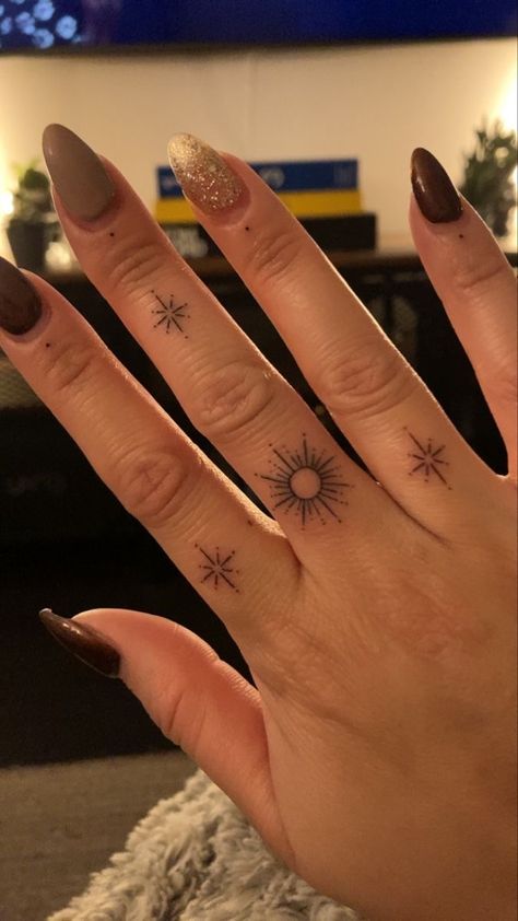 Philippines Sun And Stars Tattoo, Tiny Sun Finger Tattoo, 3 Stars And A Sun Tattoo, Sun On Finger Tattoo, Sunburst Finger Tattoo, Stars Hand Tattoos For Women, Half Sun Finger Tattoo, Tarot Tattoos For Women, Sun Hand Tattoos For Women