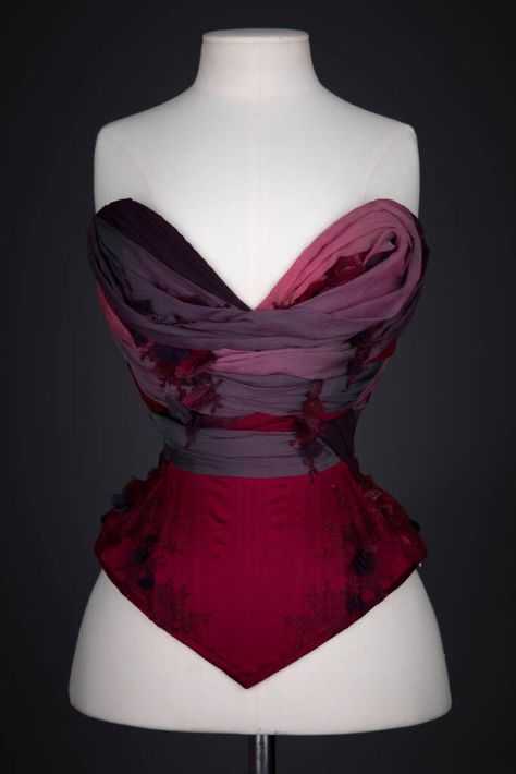 Exhibition: Incendiary: A History Of Red Lingerie - Chapter Five | The Underpinnings Museum Draping Corset, Lace Capelet, Silk Corset, Lace Tights, Overbust Corset, Designer Drapes, Red Lingerie, Event Dresses, Silk Chiffon