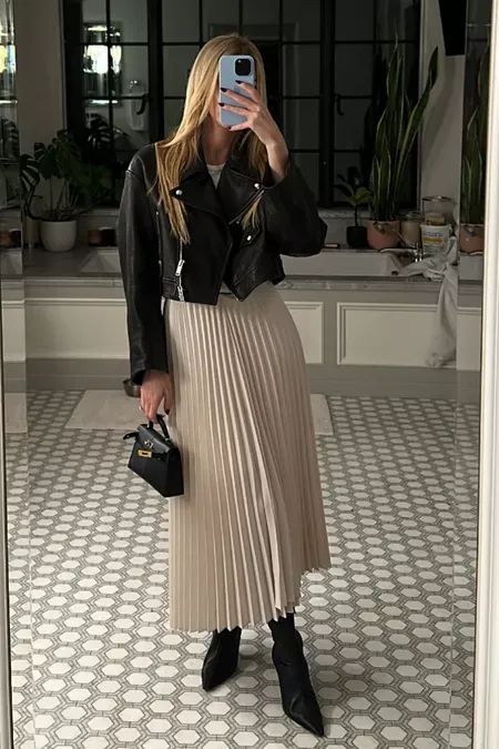 fall date night outfit - maxi skirt, tall boot, leather jacket 🖤 (the black skirts here come in a toasted ivory color too if you click them) Cream Pleated Skirt Outfit, Black Pleated Midi Skirt Outfit, Maxi Pleated Skirt Outfit, Leather Maxi Skirt Outfit, Midi Pleated Skirt Outfit, Pleated Leather Skirt Outfit, Pleated Maxi Skirt Outfit, Skirt Boots Outfit, Winter Midi Skirt Outfit