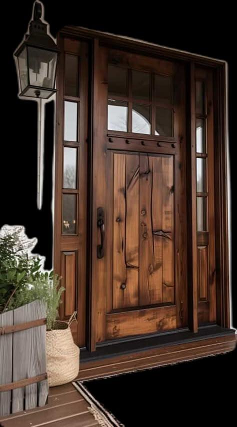 19 Front Door Ideas That Will Transform Your Home's First Impression | DIY Vibes Wood Entrance Doors, Cedar Doors Front Entry, Cedar Color Front Door, Wood Entry Door With Sidelights, Rustic Front Door Ideas Entrance, Farmhouse Front Door With Side Lights, Front Doors With Sidelights, Rustic Door, Farmhouse Front Door Ideas