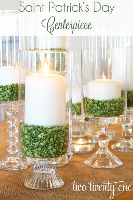 St. Patrick's Day Hurricane Candles filled with split peas - love how she used E6000 to glue together a variety of thrift shop candlesticks and hurricane vases for a mixed look! Party Rules, Split Peas, Tafel Decor, St Patrick's Day Decorations, Saint Patties, Burlap Table Runners, St Patrick's Day Crafts, St Pats, St Paddys Day