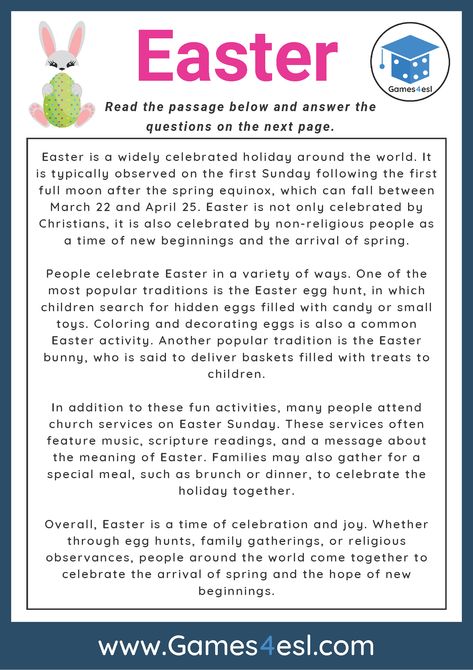 Easter Reading Comprehension Easter Reading Comprehension Worksheets, Easter Reading Comprehension, Holiday Reading Comprehension, Kids Learning Charts, Esl Reading Comprehension, British Holidays, Teach English To Kids, Easter Worksheets, British School