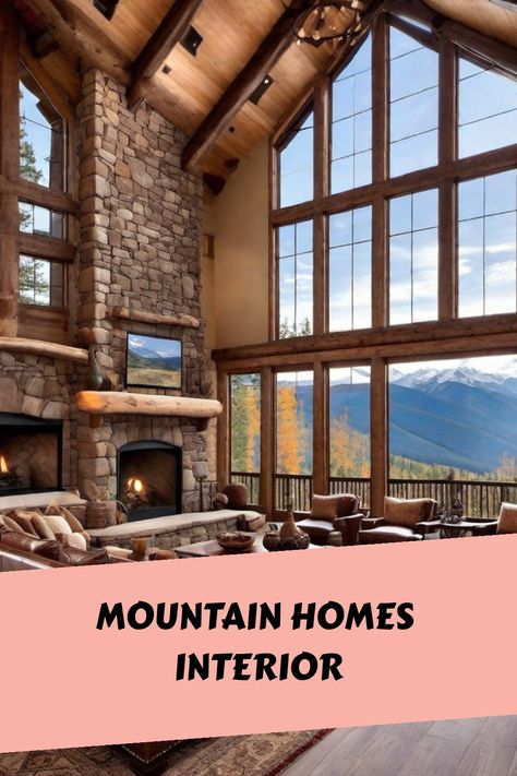 Rustic mountain home living room with stone fireplace, large windows, and mountain views. Mountain House Decor Modern, Mountain Dream Homes Interior, Mountains Interior Design, Colorado Interior Design Style, Modern Mountain Home Living Room, Chic Mountain Home, Mountain House Interior Design Rustic, Modern Mountain Decor Interior Design, Mountain Luxury Decor