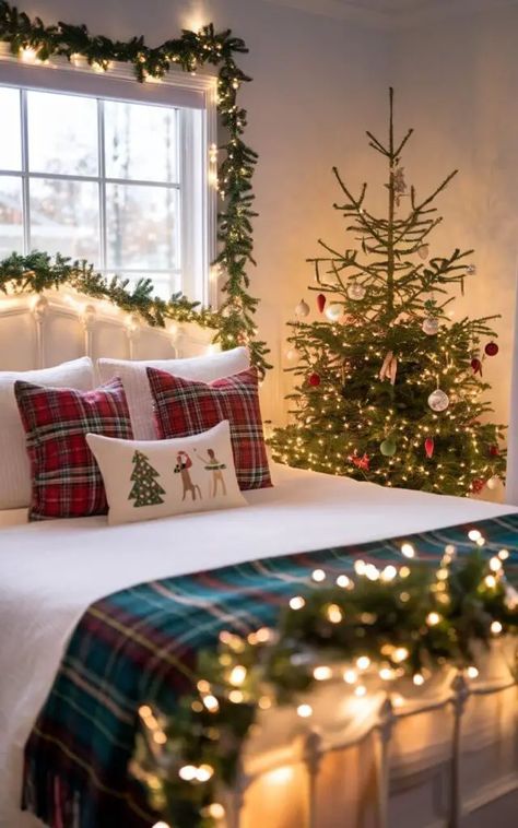 25 Christmas Bedroom Decor Ideas to Create a Holiday Sanctuary Christmas Decor Ideas Colored Lights, Christmas Bedrooms Decor, Traditional Christmas Bedroom, Christmas Tree In Bedroom Ideas, Christmas Master Bed Decor, Christmas Decor Ideas Bedroom Cozy, Cozy Christmas Decor Bedroom, Christmas Guest Room Ideas, Boys Christmas Bedroom