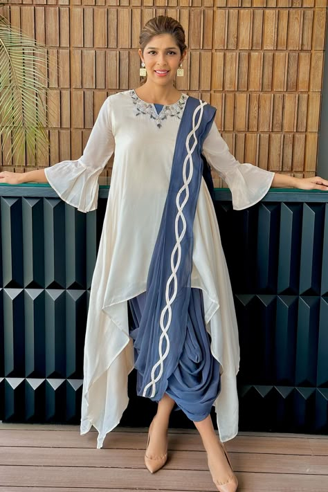 Shop for these amazing collections of Blue Kurta Crepe Pearl And Resham Work High Low & Dhoti Set For Women by Two Sisters By Gyans online at Aza Fashions. Pant Saree Style Pakistani Outfits, Lehenga Palazzo, Dhoti Style Dresses, Latest Kaftan Designs, High Low Kurta, Mod Suits, Kaftan Designs, Resham Work, Dhoti Pants