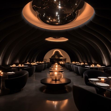 the inside of a large black dome illuminated with anish kapoor art, a high end luxury restaurant floats in the space inside. Luxurious Restaurant Exterior, Restaurant Lighting Ideas, Dome Restaurant, Hotel Bar Design, High End Restaurant, Restaurant Exterior, Architectural Lighting Design, Donut Bar, Anish Kapoor