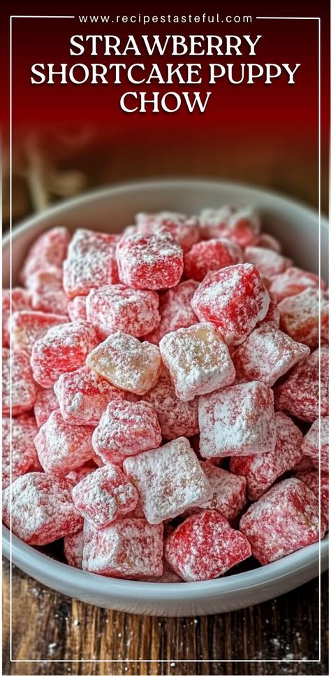 A sweet, strawberry-flavored twist on the classic puppy chow, made with Rice Chex cereal, white chocolate, and strawberry jello. Perfect for a snack or treat! Chex Puppy Chow Recipe, Chex Cereal Recipes, Holiday Puppy Chow, Chocolate Chex Mix Recipes, Puppy Chow Mix, White Chocolate Chex Mix, Chex Recipes, Puppy Chow Christmas, Puppy Chow Chex Mix Recipe