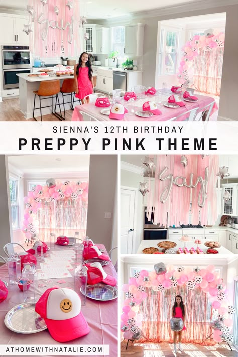 Preppy Pink Party Theme! Middle school party theme with a fun photo backdrop and dessert table! Basics needed: cow print, dresses, disco balls, PINK, smiley face hats, stickers, water bottles and pink cowgirl hats(on cupcakes). Pink Themed Birthday Party Preppy, Party In Pink Ideas, Smiley Birthday Party Ideas, Preppy Party Games, Preppy Birthday Party Table, Pink Preppy Birthday Party Ideas, Preppy Party Table, Pink Preppy Party, Preppy Party Food Table