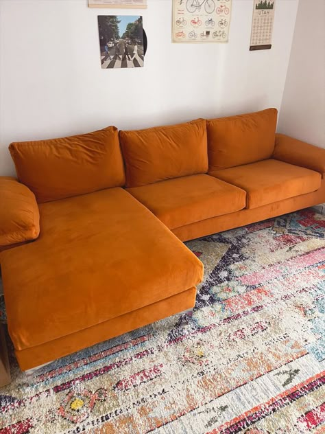 Orange couch styled, green velvet couch L Shape Sofa Orange, Fun Couch Colors, Orange L Shape Sofa, Orange Retro Couch, 70s Style Couch, Groovy Couch, Courdory Couch, Cute Couches Living Room, Orange Corner Sofa