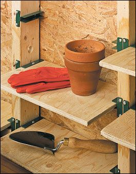 Shelf Bracket Set - Hardware Building Between The Studs, Ways To Store Garden Tools, Shed Space Saving Ideas, Organize Storage Shed, Diy Storage Shelves Garage, Loft Storage Ideas Organizing, Organize Shed Ideas, Between Studs Shelves, Work Shed Ideas Workshop