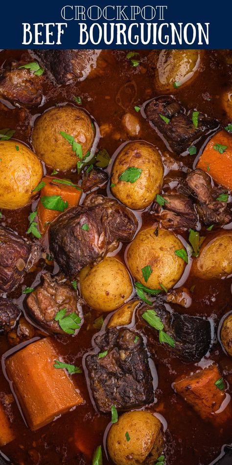 If you’re looking for a tender beef stew that’s been kicked up a notch or two with a rich red wine base then this Crockpot Beef Bourguignon is for you! via @familyfresh Red Wine Braised Stew Meat, Braised Red Wine Pot Roast, Red Wine Crockpot Pot Roast, Beef Stew With Red Wine Stove Top, Beef Red Wine Slow Cooker, Red Meat Slow Cooker Recipes, Beef Merlot Recipe Crock Pot, Slow Cook Beef Bourguignon, Stew Meat Recipes Red Wine