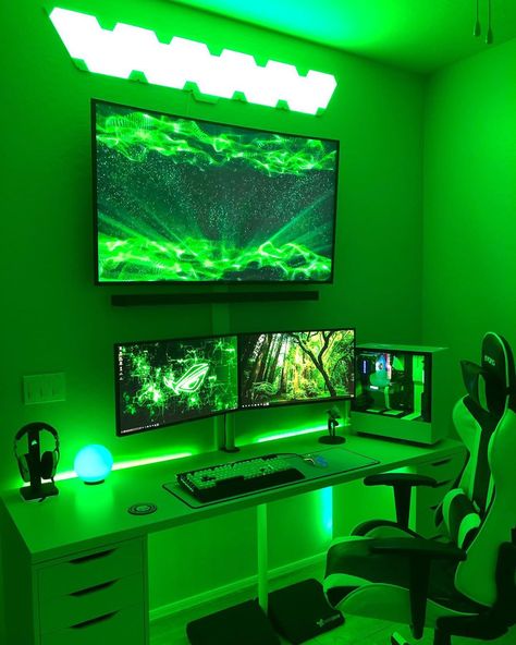 #gamingsetup #setup #gaming #pc #rgb Follow: 60 Second Tech Review Desk Board Ideas, Gamer Bedroom Boys, Gaming Set Up Ideas, Green Setup, Video Game Room Decor, Gamer Room Ideas, Gamer Bedroom, Gaming Setup Ideas, Gaming Desk Setup