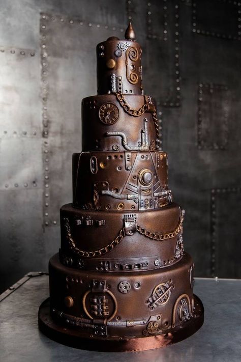 Steampunk Wedding Cake, Punk Wedding, Vegan Wedding Cake, Steampunk Tendencies, Vegan Wedding, Naked Cakes, Steampunk Wedding, Modeling Chocolate, Unique Cakes