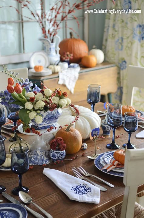 Thanksgiving Table Ideas by Decor Adventures | Redhead Can DecorateRedhead Can Decorate Thanksgiving Table Inspiration, Blue And White Tablescapes, Outdoor Porches, Blue And White Dishes, Outdoor Thanksgiving, Fall Table Settings, Fall Thanksgiving Decor, Thanksgiving Table Settings, Autumn Decorating