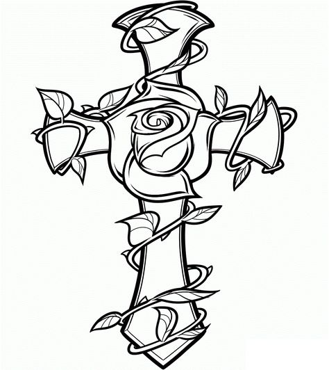 Cross Coloring Page, Cross Drawing, Wood Burning Patterns Stencil, Tattoo Coloring Book, Wood Burning Stencils, Rose Coloring Pages, Pyrography Patterns, Tattoo Flowers, Flowers Tattoo