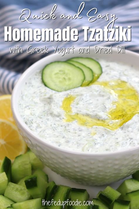 Easy Tzatziki Sauce recipe is delicious with all kinds of Greek dishes or as an appetizer with pita chips. Made with Greek yogurt, dried dill, English cucumber and lemon. #TzatzikiSauce #TzatzikiSauceRecipe #TzatzikiSauceWithDriedDill #TzatzikiSauceWithGreekYogurt #HomemadeTzatzikiSauce Tzatziki Sauce Without Cucumber, Tzatziki Sauce No Cucumber, How To Make Tziki Sauce, Vegan Taziki Sauce Yogurt, Homemade Tzatziki Sauce Greek Yogurt, Taziki Sauce Recipe Healthy Greek Yogurt, Greek Cucumber Sauce Tzatziki, Home Made Taziki, Tezekki Sauce Recipe