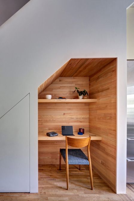 under stairs office nook                                                                                                                                                                                 More Desk Under Stairs, Office Under Stairs, Under Stairs Nook, Under Stairs Ideas, Stair Nook, Space Under Stairs, تحت الدرج, Under Stairs Storage, Under Stair