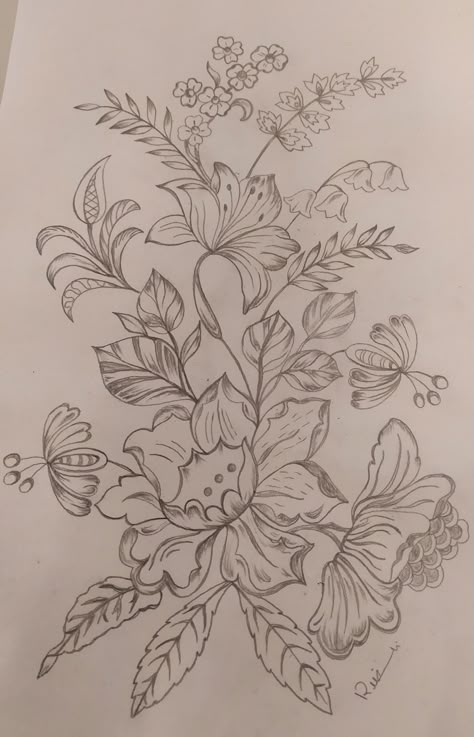 Flower Motifs Design Floral, Floral Khaka Designs, Floral Embroidery Khaka, Pencil Drawings Of Flowers, Floral Line Art, Flower Drawing Design, Flower Art Drawing, Embroidery Template, Border Embroidery Designs