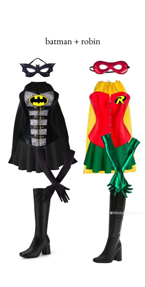 Womens Robin Costume, Cute Villain Costumes, Batman Robin Joker Costume, Lego Fairy Batman Costume, Batman Duo Costume, Fictional Characters Halloween Costumes, Creepy Duo Halloween Costumes, Batman And Spiderman Costume, Robin Batman Costume