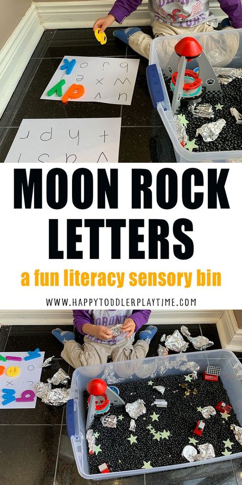 Moon Rock Letters is a super fun and easy to create space themed letter matching activity and sensory bin for toddlers and preschoolers. Rock Letters, Space Sensory Bin, Sensory Bin For Toddlers, Planets Activities, Space Theme Preschool, Space Week, Moon Activities, Space Activities For Kids, Space Lessons